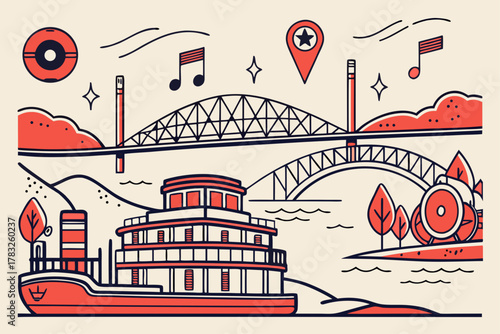 “Clarksville Tennessee river and music icons, southern vector”