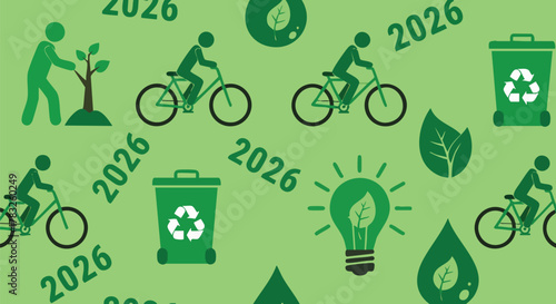 Green sustainability eco friendly icons seamless pattern background sustainability environment eco recycling green future climate nature conservation renewable year2026 vector illustration flatdesign