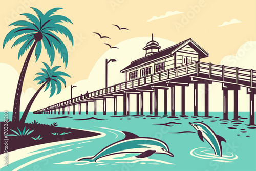 “Clearwater Beach pier and dolphins, tropical vector”