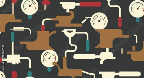 Abstract coffee machine parts seamless pattern industrial background vector illustration flat design espresso brewing equipment gauge pipes