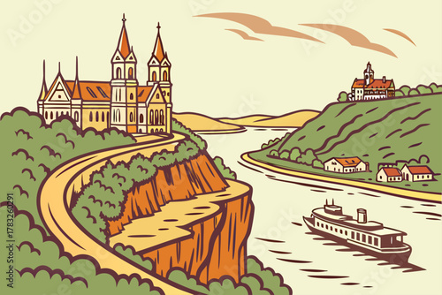 “Dubuque Iowa river bluffs and historic downtown, nostalgic vector”