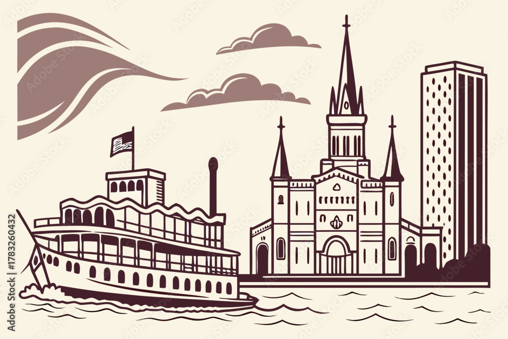 Fototapeta premium “New Orleans Mississippi River with steamboat and skyline, heritage vector”