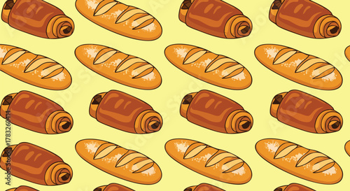 Delicious French bakery items seamless pattern yellow background baked goods pastry bread chocolate croissant baguette flat design vector illustration food wallpaper