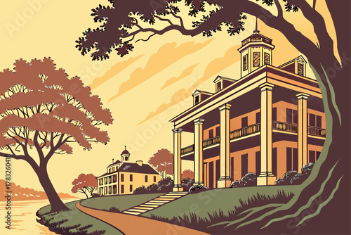 “Natchez Mississippi riverfront mansions and trees, warm tones vector”