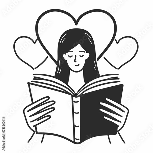 Woman reading book isolated on white background. Books lover, reader, literature fan or student character for education concept. Flat or cartoon vector illustration