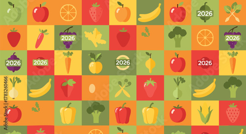 Colorful grid pattern fresh fruits vegetables healthy food harvest vector illustration flat design 2026 organic produce diet farm