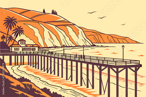 “Pismo Beach pier and cliffs, warm tones vector”
