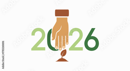 Symbolic hand nurturing plant seedling for future 2026 growth sustainability environment vector illustration flat design eco care development newyear