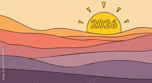 Minimalist layered landscape with 2026 sun sunrise vector illustration new year future forecast horizon hope journey flat design