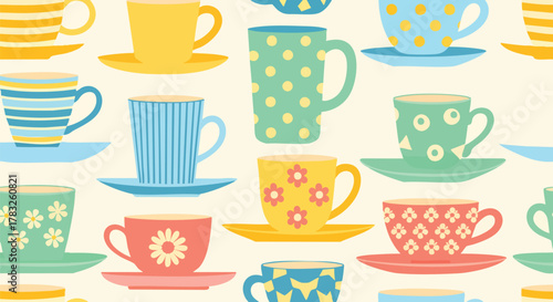 Charming seamless pattern colorful teacups saucers flat design vector illustration cute playful background graphic art wallpaper