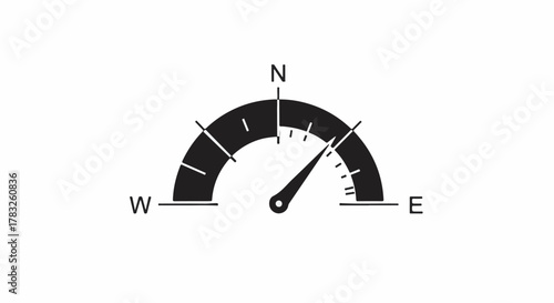 Simple black silhouette of a compass gauge indicating east