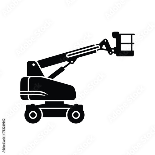 Black articulated boom lift on white aerial platform