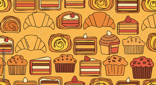 Seamless pattern delicious bakery treats flat style background vector illustration pastry dessert sweet texture wallpaper digital flat design