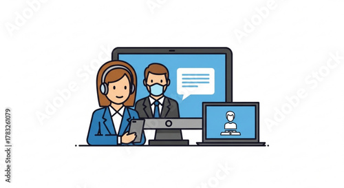 Virtual meeting online conference video call remote work communication business team collaboration concept illustration