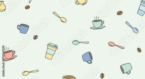 Cute pastel coffee cups spoons beans seamless pattern vector illustration flat design background morning beverage cafe food kitchen minimal doodle