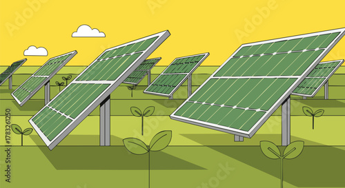 Green energy solar panel field with sprouting plants solar power clean renewable electricity technology environment nature vector illustration flat design
