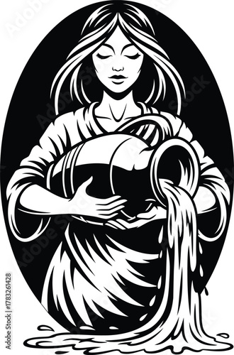 Black and white illustration of aquarius zodiac sign, woman pouring water from a jar