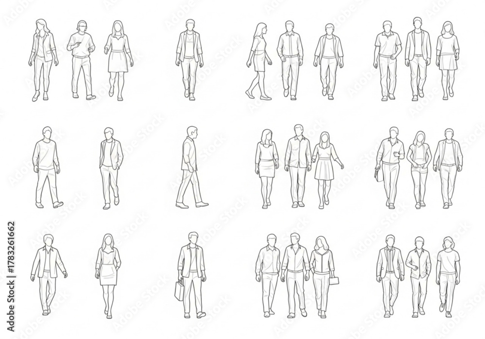 Fototapeta premium Collection of diverse people figures in architectural drawing style