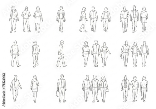 Collection of diverse people figures in architectural drawing style