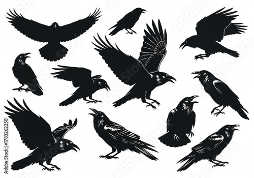 Collection of silhouette raven birds in various poses