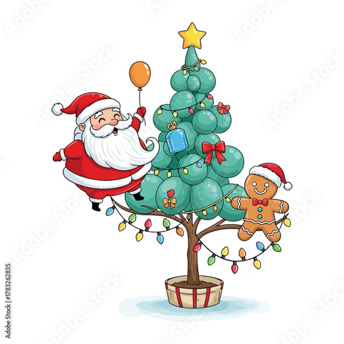 Whimsical Holiday Cheer: A charming cartoon scene depicts a jovial Santa Claus with a cheery gingerbread man decorating a balloon Christmas tree, filled with festive spirit and joyous celebration.