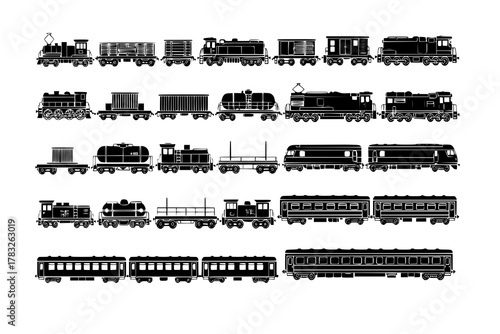 Freight train with locomotive, passenger train icons collection. Black silhouette of freight trains collection. Set of railway transport. Black wagon and locomotive