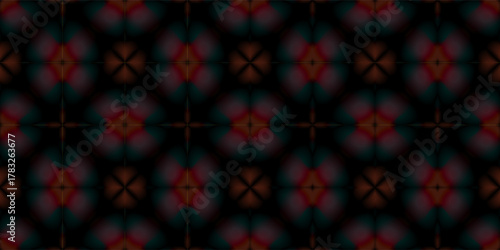 Dark Blurred Abstract Geometric Seamless Pattern with Glowing Orbs. Soft Gradient Background with Light Effects. Glow-Effect Modern Geometric Tileable Background