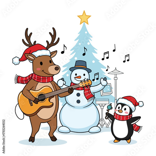 Christmas Carol Concert: Animated figures of a reindeer, a snowman, and a penguin combine their musical talents in a holiday carol concert. Celebrating festive spirit and harmonious musicality.