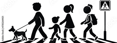 Black and White of Family and Dog Walking on Zebra Crossing