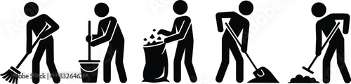 Black Pictogram Figures Cleaning, Sweeping, Mopping, and Filling a Bag of Trash on White Background