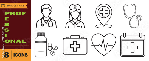 Collection of eight professional medical icons including doctor, nurse, stethoscope, pills, first aid kit, heart rhythm, and calendar