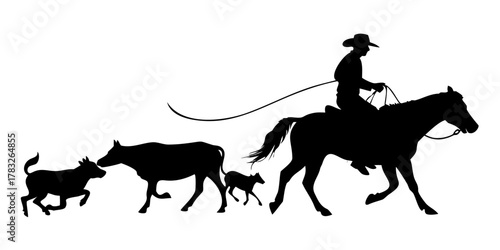 A vector silhouette of a working ranch cowboy riding a horse . The cowboy is holding a lasso rope and herding a cow and young calf. His cow dog follows closely behind. 