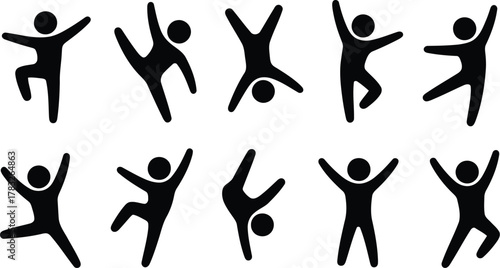 Black Pictogram Silhouettes Depicting Active Figures, Some Dancing, Others Doing Handstands, Isolated on White