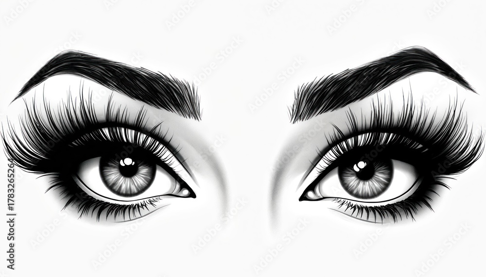 Fototapeta premium Woman eyes with long eyelashes and thick eyebrows. Female face closeup with eye makeup. Beauty concept with grey eyes. Cosmetic design for fashion and allure. Visual illustration of a lady gaze.