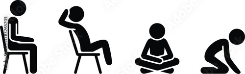 Black Stick Figure Sequence Sitting, Reclining, Meditating, and Kneeling on a White Background