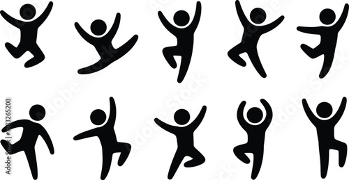 Black Stick Figure Icons Posing and Dancing with Arms Raised on White Background Set