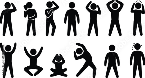 Collection of Black Stick Figure Pictograms Illustrating Various Actions, Poses, and Emotions on White Background