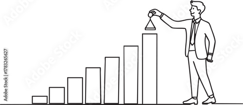 continuous line vector illustration of a businessman placing an object on a rising bar graph symbolizing growth and success