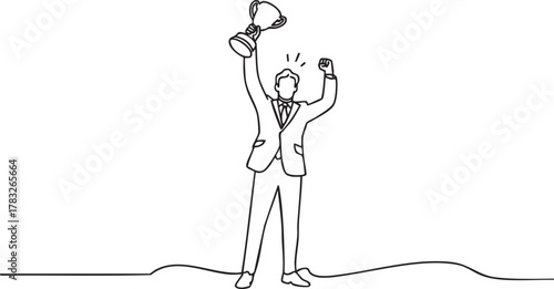 continuous line vector illustration of a victorious man in a suit holding a trophy with raised fist on stage