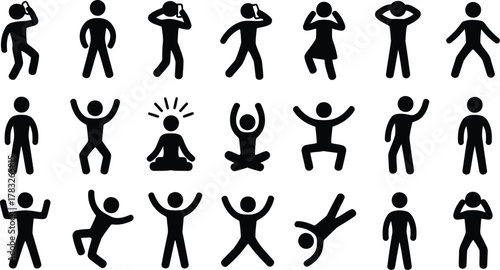 Diverse Stick Figure Poses and Actions Communication, Meditation, Celebration, Emotions, and Daily Life Activities Illustration