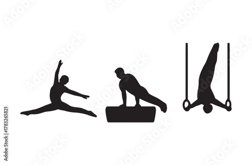 Silhouettes of male gymnasts performing various athletic poses