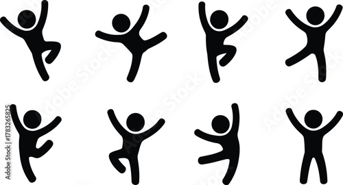 Eight Black Stick Figure People Dancing and Raising Arms on a White Background