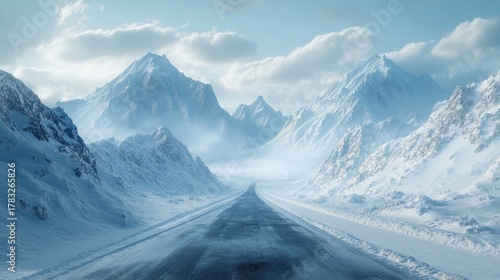 Wallpaper Mural Snowy mountain road.  Vast winter landscape, asphalt road, snow-capped peaks, dramatic sky Torontodigital.ca