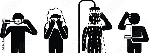 Four Black Silhouette Pictograms Showing a Person Brushing Teeth, Washing Face, Showering, and Drying Off