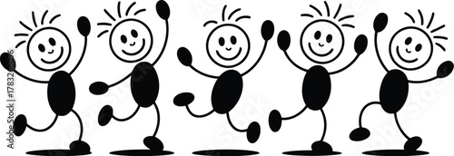 Group of Five Happy Stick Figures Dancing, Jumping, and Raising Their Arms in Celebration