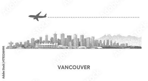 Vancouver Skyline with Airplane Silhouette