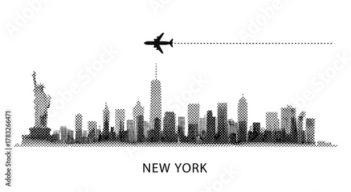 New York City Skyline Silhouette with Airplane and Statue of Liberty