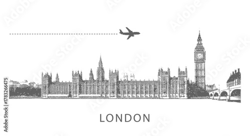 London Skyline with Airplane Flying Overhead