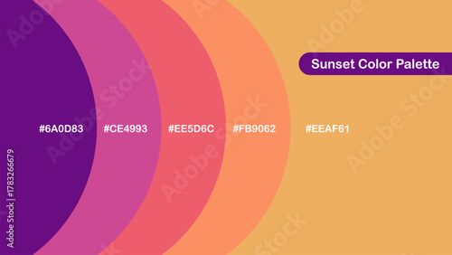 Sunset color palette with warm tones of purple, coral, orange, and gold, perfect for branding, fashion, packaging, seasonal themes, and dreamy visual design.