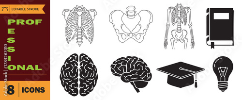 Collection of 8 professional icons representing medical and educational concepts, including human anatomy, a graduation cap, and a light bulb